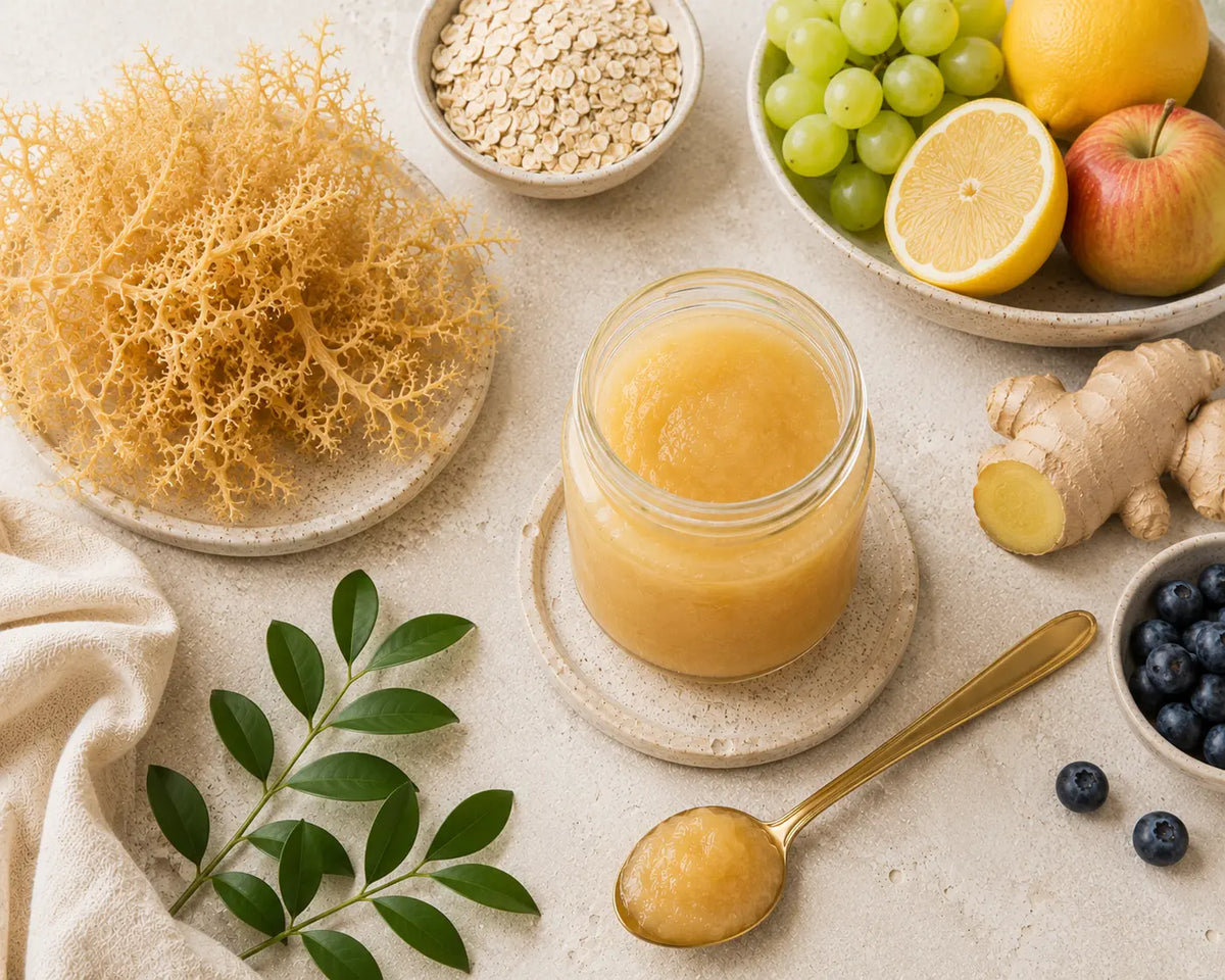 Jar of golden sea moss gel with a spoon and natural ingredients on a light stone background.
