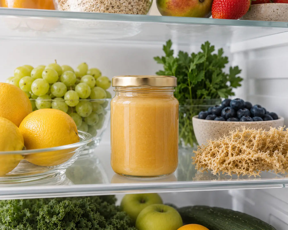 Jar of golden sea moss gel stored in a fridge with fresh fruit.