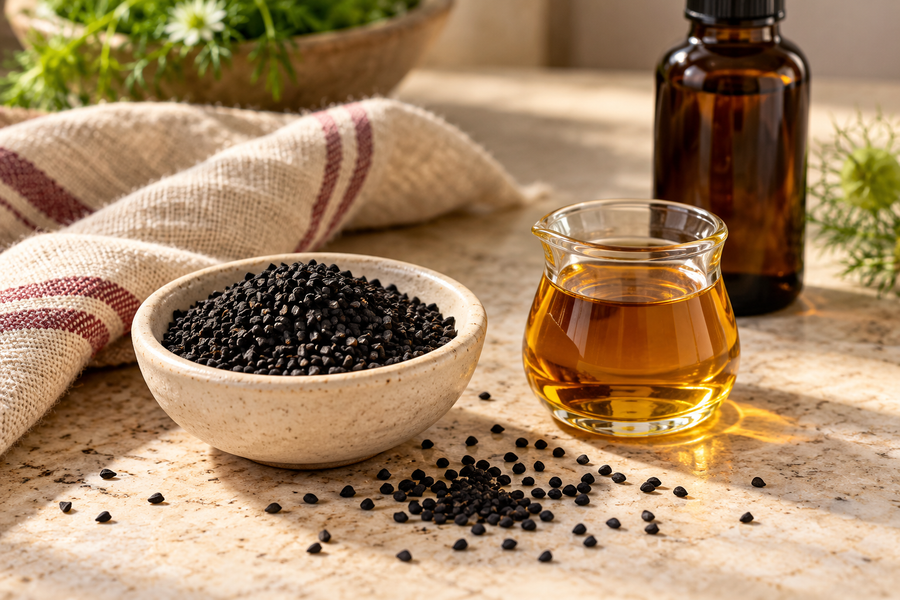 Black Nigella sativa seeds beside a small glass vessel of golden seed oil.