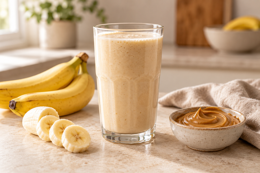 Peanut butter and banana sea moss shake beside banana slices and a dish of peanut butter.