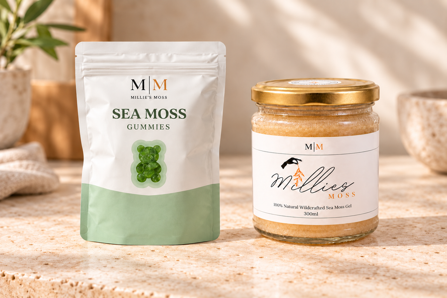 Millie’s Moss sea moss gummies pouch beside a Golden Sea Moss Gel jar on a cream countertop.