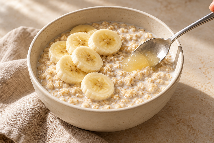 Vanilla overnight oats topped with banana, with sea moss gel being stirred in before serving.
