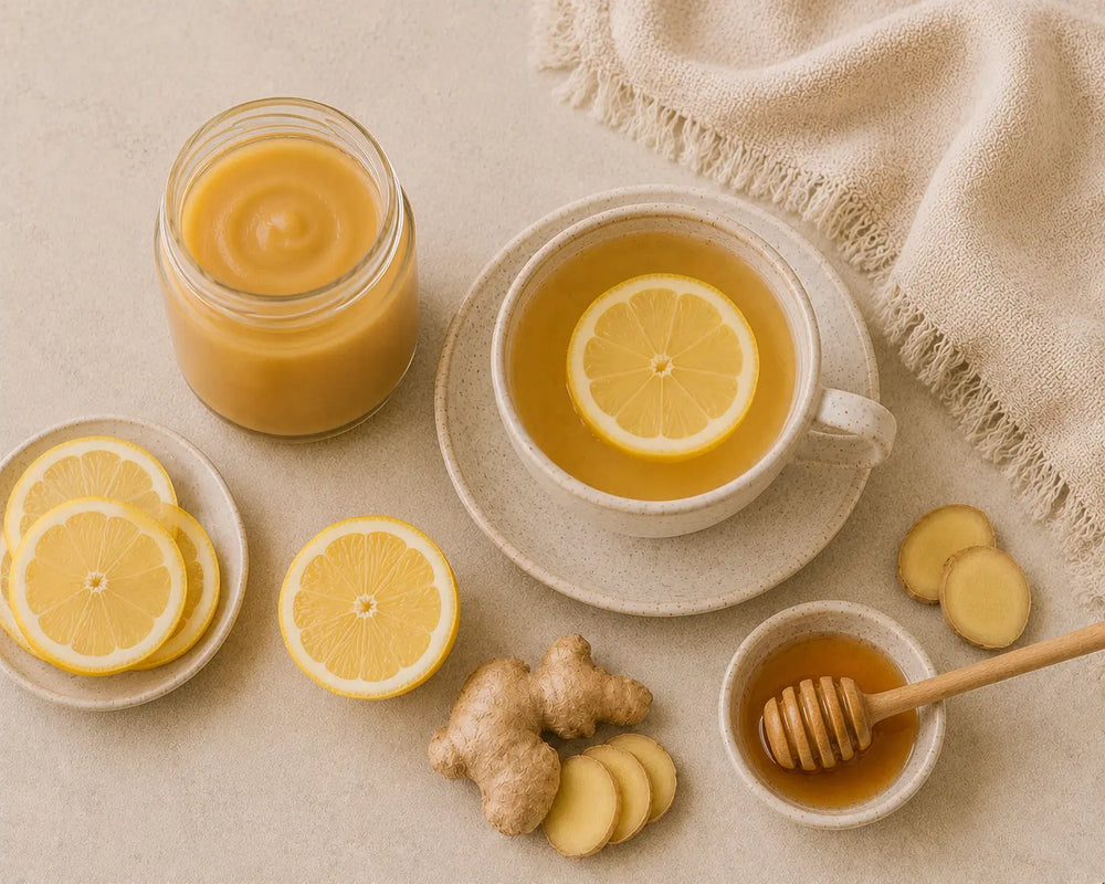 Warm ginger lemon tea beside golden sea moss gel, lemon slices and fresh ginger.