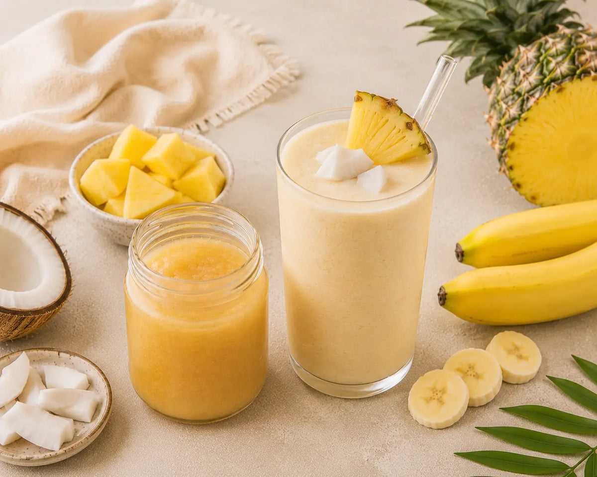 Virgin piña colada sea moss smoothie beside pineapple, coconut, banana and sea moss gel.