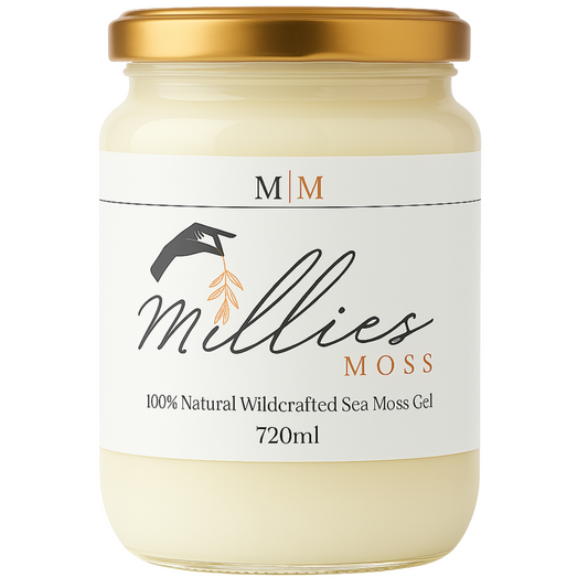 A jar of Millies Premium Golden Sea Moss Gel, labeled 720ml size, with a white and gold color scheme. Front view