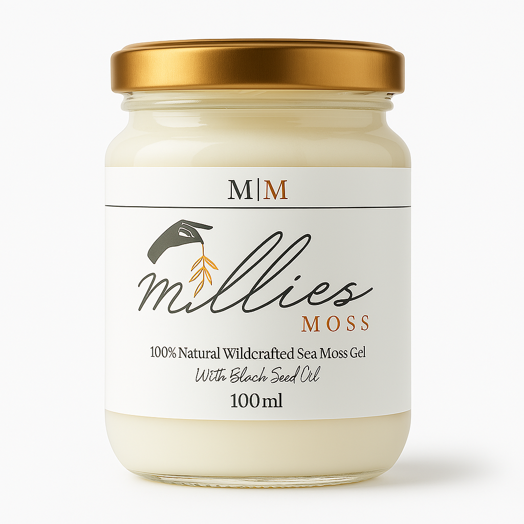 Front view of a 100ml jar of Millie’s Moss Sea Moss Gel infused with black seed oil, a nutrient-rich natural supplement for immunity and skin health.