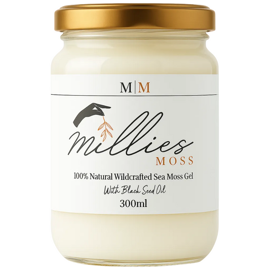 Millie’s Moss 300ml Sea Moss Gel with black seed oil, jar, front-facing product image.