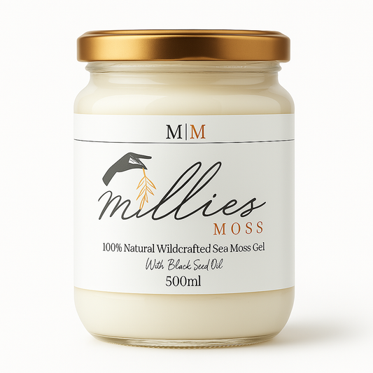 Front view of a 500ml jar of Millie’s Moss Sea Moss Gel infused with black seed oil, a nutrient-rich natural supplement for immunity and skin health.