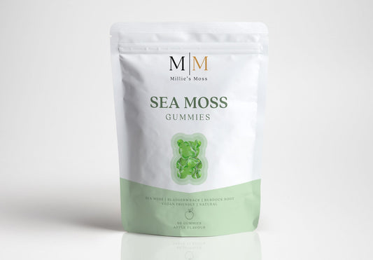 Packet of Millie’s Moss Sea Moss Gummies containing 60 apple-flavoured gummies made with sea moss, bladderwrack, and burdock root. The packaging features a clean, modern design highlighting the natural ingredients.