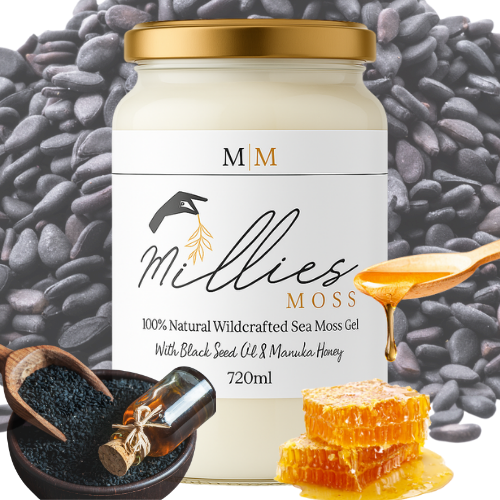 Image of Sea Moss Gel Infused With Black Seed Oil & Manuka Honey featuring a bowl of blackseeds and manuka honey with blackseeds in the background