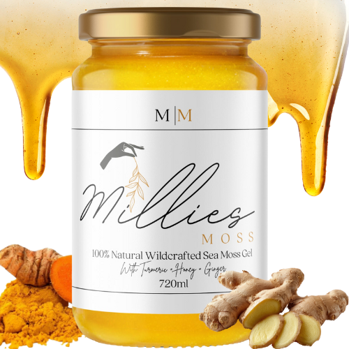 Jar of Millies Moss sea moss gel with turmeric, honey, and ginger on a white background