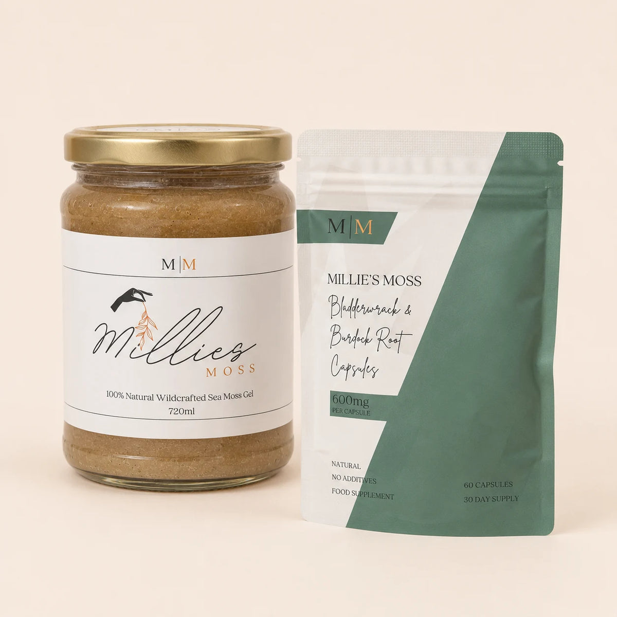 Front packshot of the Millie’s Moss Inspired by Sebi Bundle with 720ml bladderwrack and burdock root sea moss gel and 60 capsules