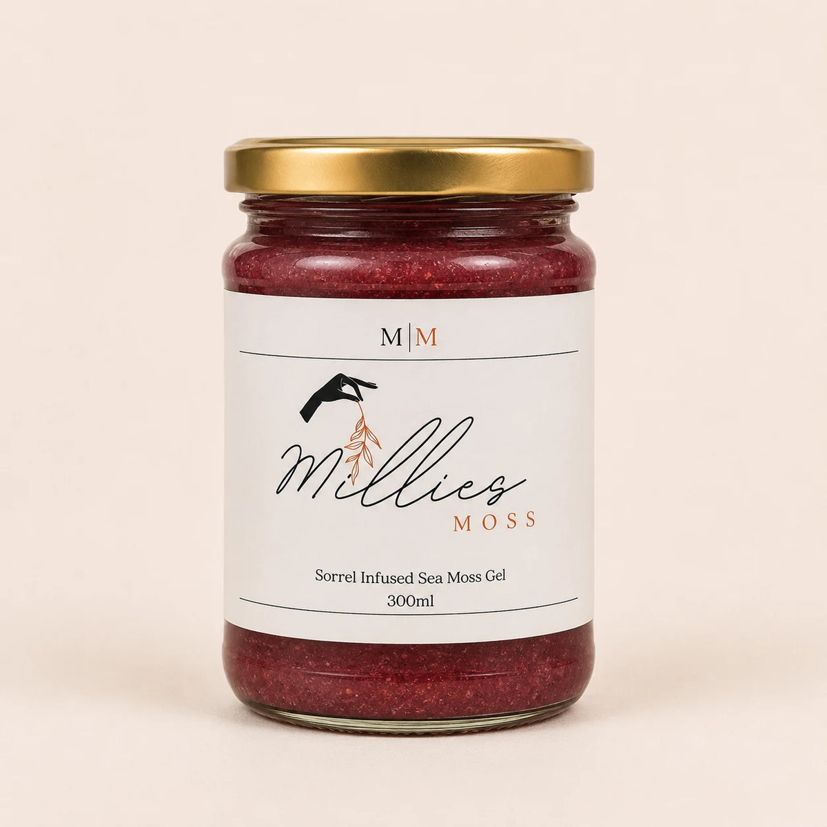 Millie’s Moss Sorrel Infused Sea Moss Gel 300ml jar on a warm off-white background.
