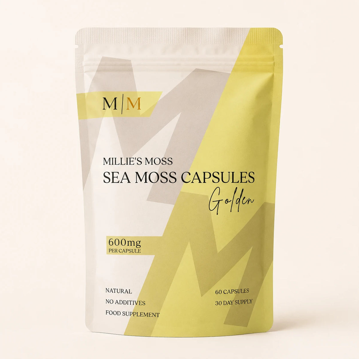 Millie’s Moss Golden Sea Moss Capsules pouch front showing 600mg per capsule, 60 capsules and 30 day supply.