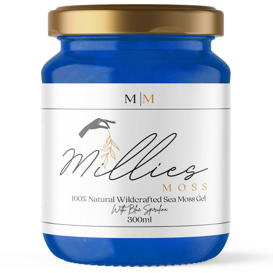 Millie’s Moss 300ml Sea Moss Gel infused with Blue Spirulina, front-facing product image.