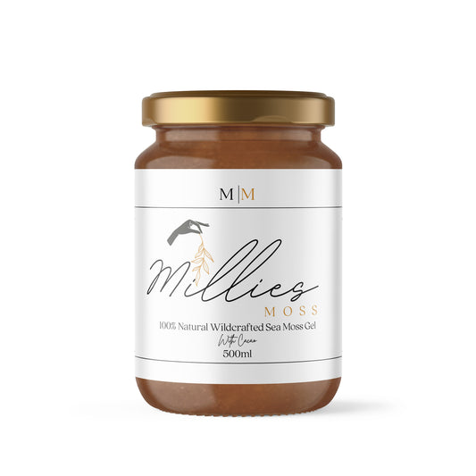 A 500ml jar of Millie's Moss sea moss gel infused with cacao, with a white label that includes the product name and the brand logo. Front view.