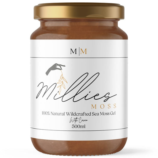 A 500ml jar of Millie's Moss sea moss gel infused with cacao, with a white label that includes the product name and the brand logo. Front view.