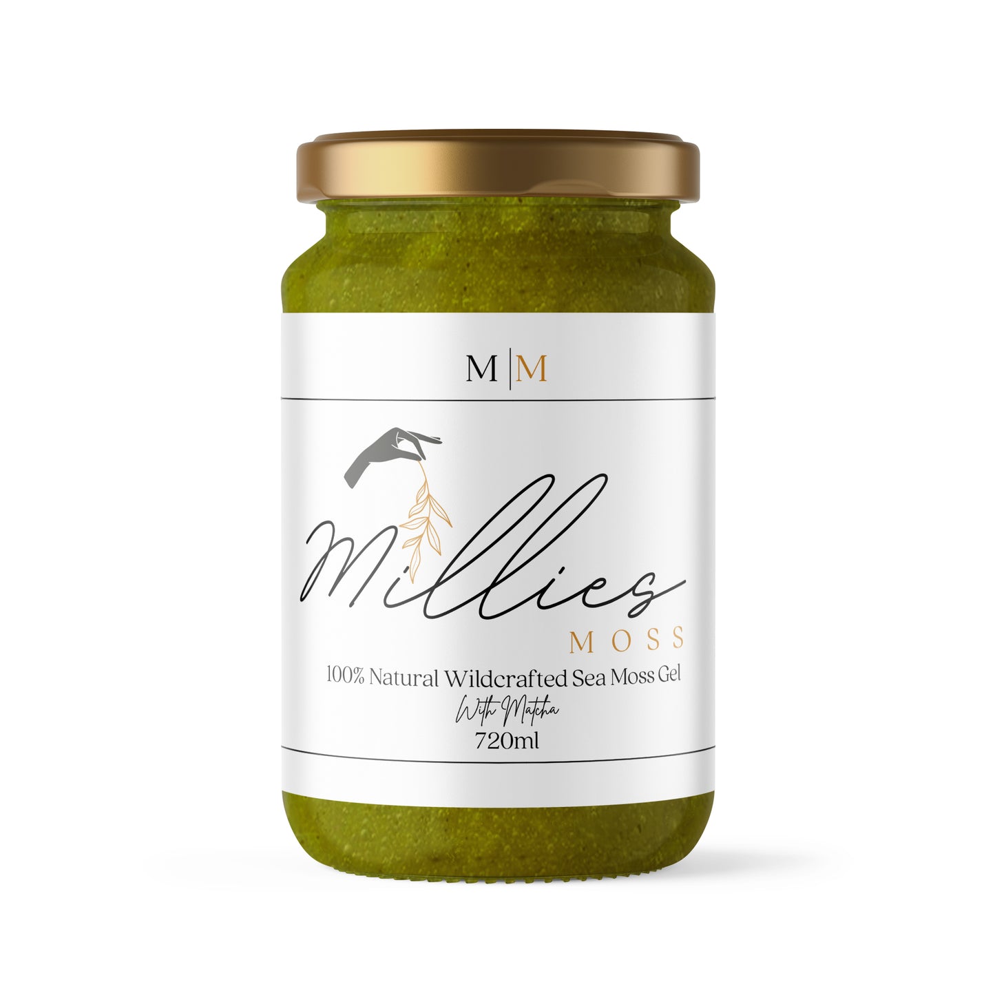 Millie’s Moss 720ml Sea Moss Gel with matcha, an energizing, antioxidant-rich blend for improved focus, metabolism, and overall wellness. Front view.