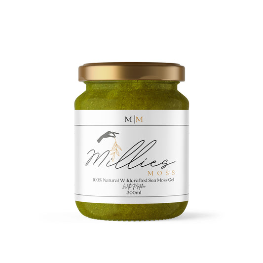 Millie’s Moss 300ml Sea Moss Gel with matcha, an energizing, antioxidant-rich blend for improved focus, metabolism, and overall wellness. Front view.