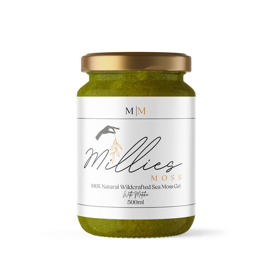 Millie’s Moss 500ml Sea Moss Gel with matcha, an energizing, antioxidant-rich blend for improved focus, metabolism, and overall wellness. Front view.