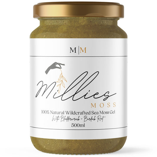 Millie’s Moss 500ml Sea Moss Gel with bladderwrack and burdock root — a nourishing blend to boost energy, detoxify, and promote overall health.