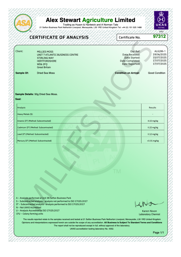 Certificate of Analysis (COA) issued to Millie's Moss Sea Moss