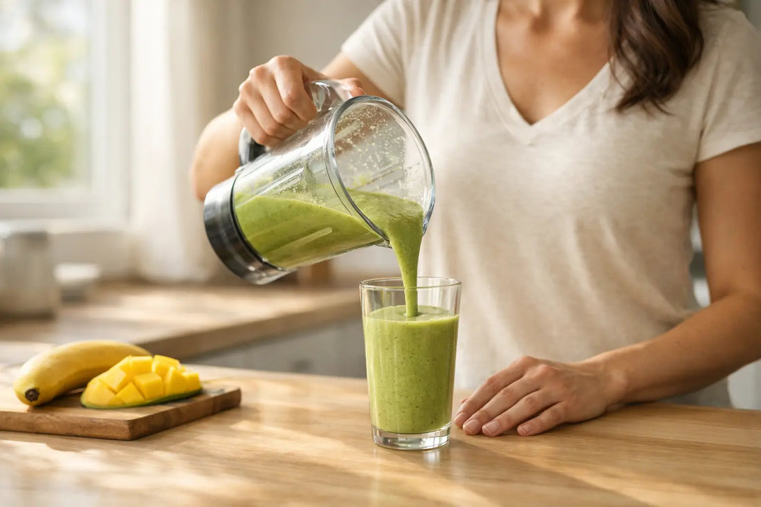 Person pouring a green smoothie made with sea moss into a glass in a kitchen
