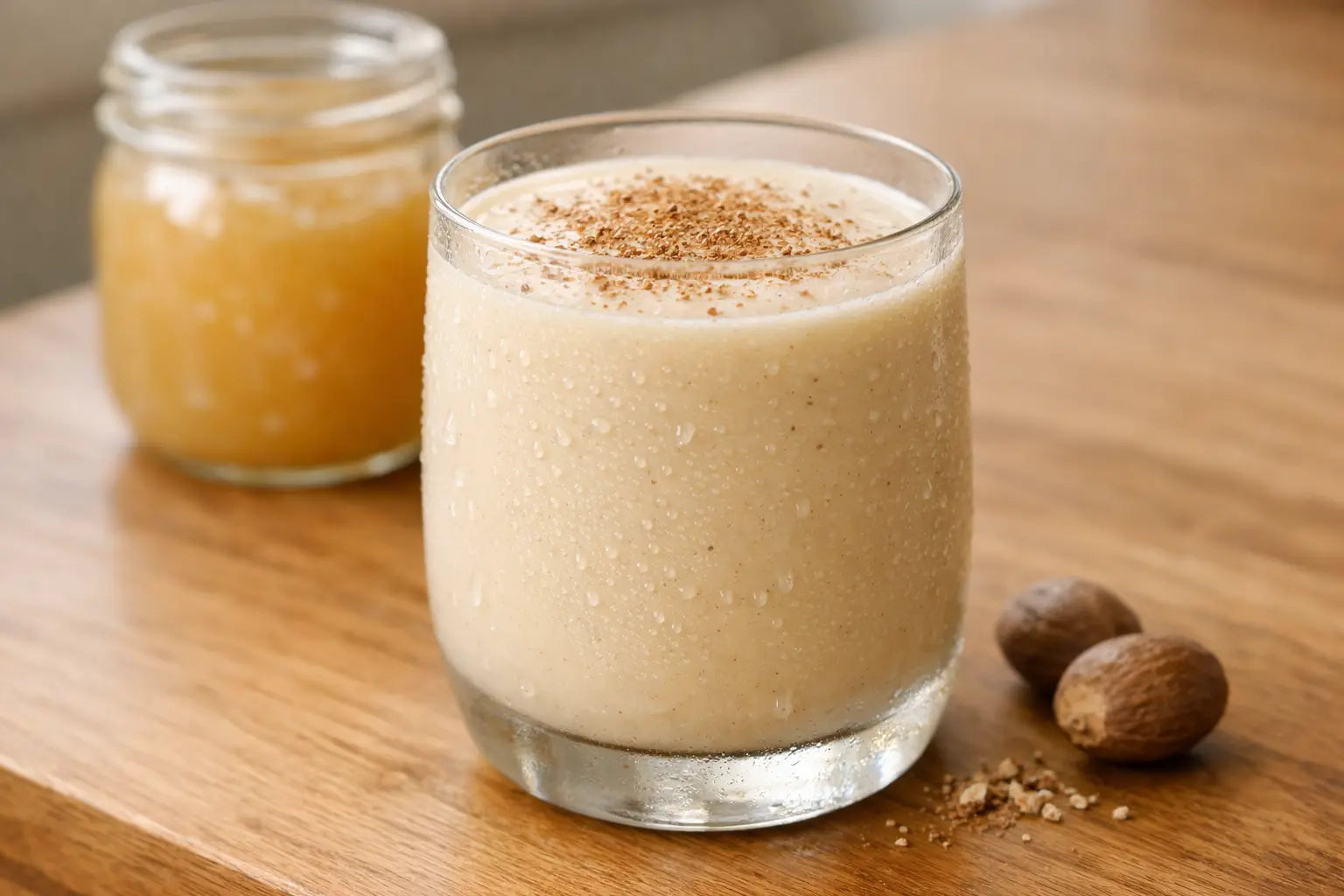 Creamy banana Irish moss drink topped with nutmeg beside a jar of sea moss gel