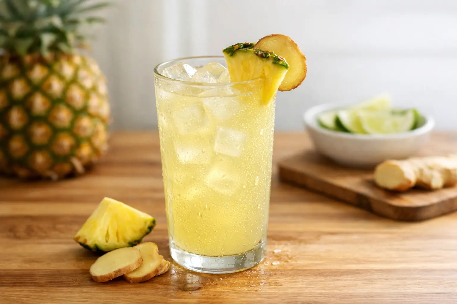 Refreshing pineapple ginger sea moss drink with ice served in a glass with tropical fruit