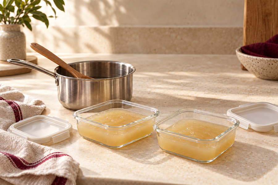 Saucepan, wooden spoon and small shallow containers of sea moss gel on a kitchen counter.
