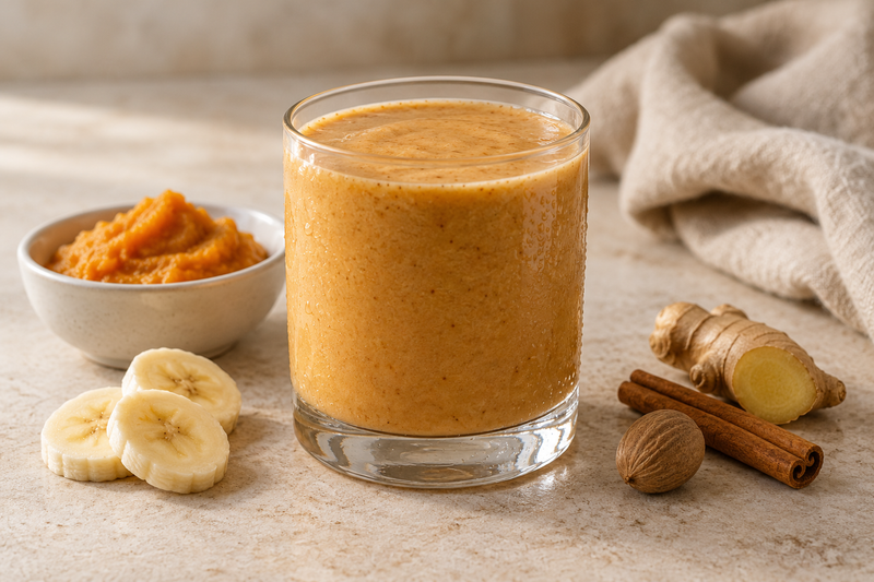 Cold pumpkin and banana sea moss smoothie beside pumpkin purée, ginger, cinnamon and nutmeg.