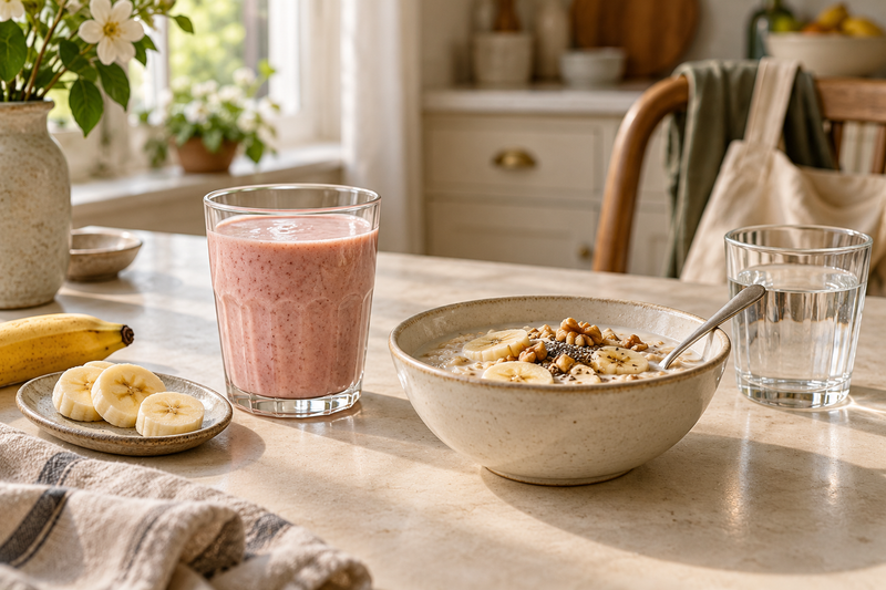 A smoothie, breakfast bowl and water on a kitchen table with a walking bag on a chair.