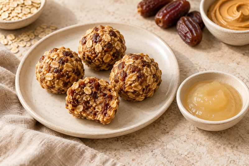 Oat and date balls on a plate with sea moss gel served separately.