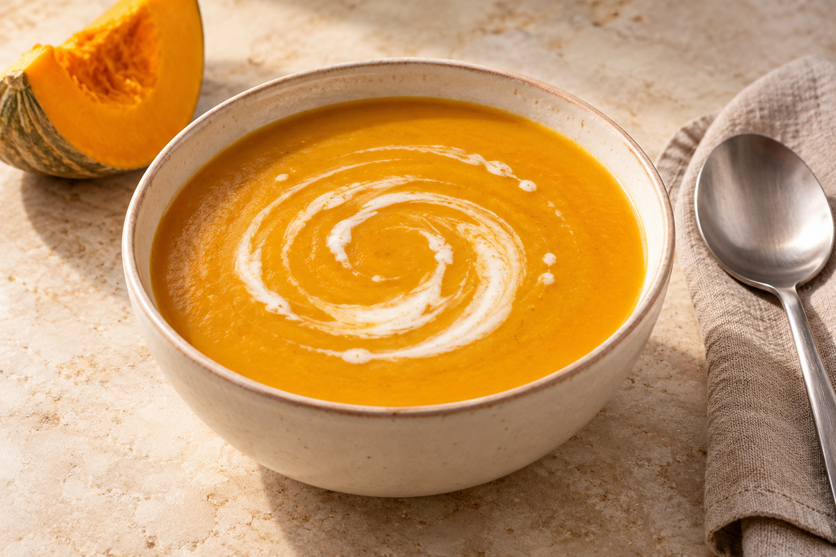 Pumpkin and coconut soup in a ceramic bowl with a coconut milk swirl.
