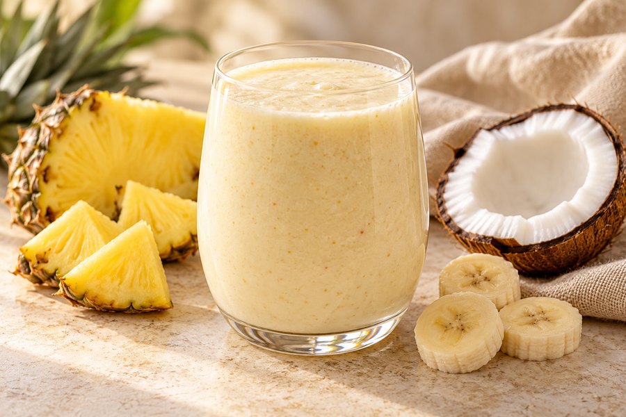 A creamy pineapple and coconut sea moss smoothie beside pineapple, coconut and banana.