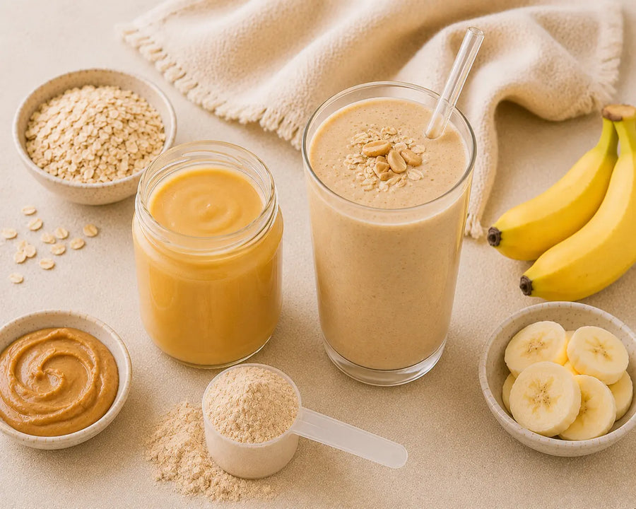 Peanut protein sea moss shake beside banana, peanut butter, oats and sea moss gel.