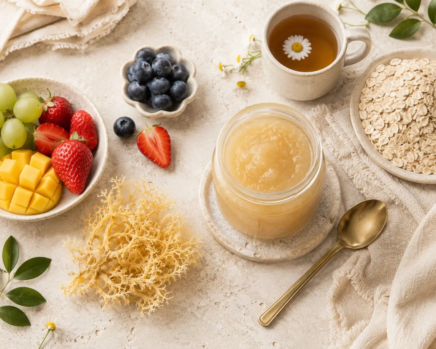 Jar of golden sea moss gel with fruit, oats and dried sea moss on a light background.