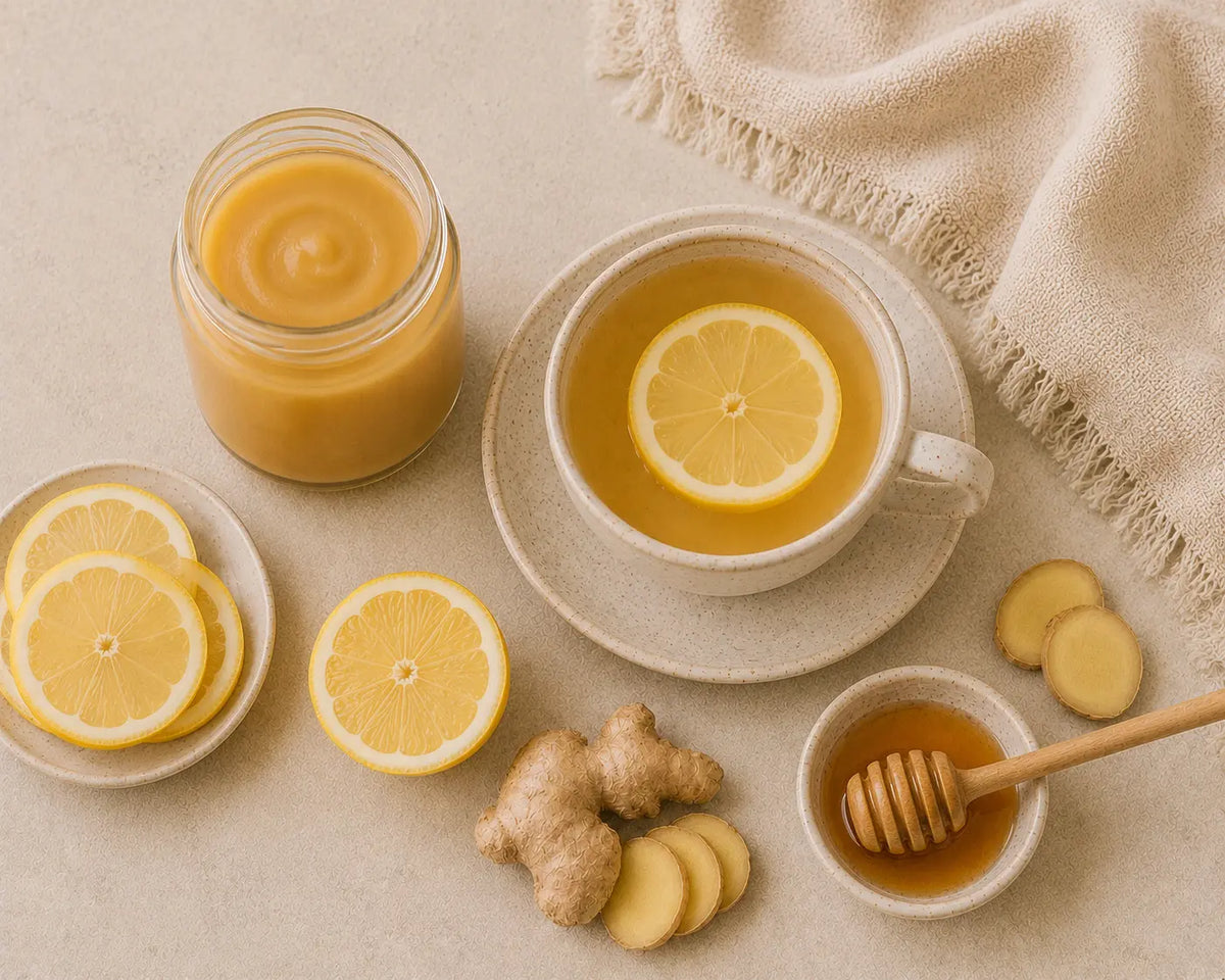 Warm ginger lemon tea beside golden sea moss gel, lemon slices and fresh ginger.
