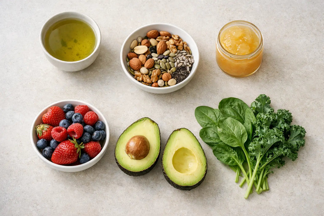 Flat lay of healthy whole foods including berries, avocado, greens, nuts, seeds and sea moss gel