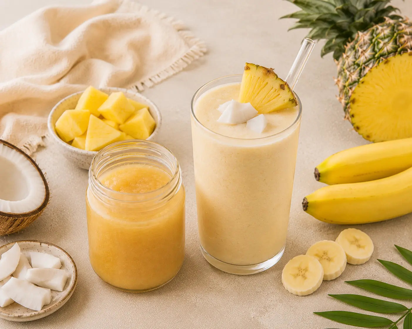 Virgin piña colada sea moss smoothie beside pineapple, coconut, banana and sea moss gel.