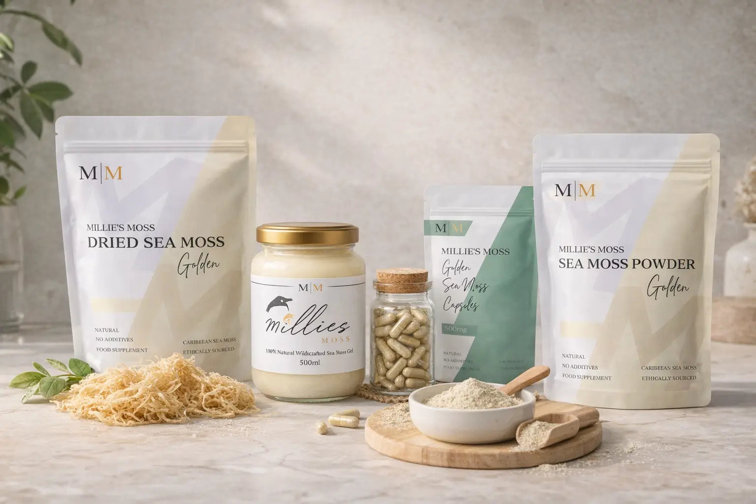 Millie's Moss sea moss product range including sea moss gel, dried sea moss, sea moss powder, and sea moss capsules displayed in a premium natural wellness product showcase.