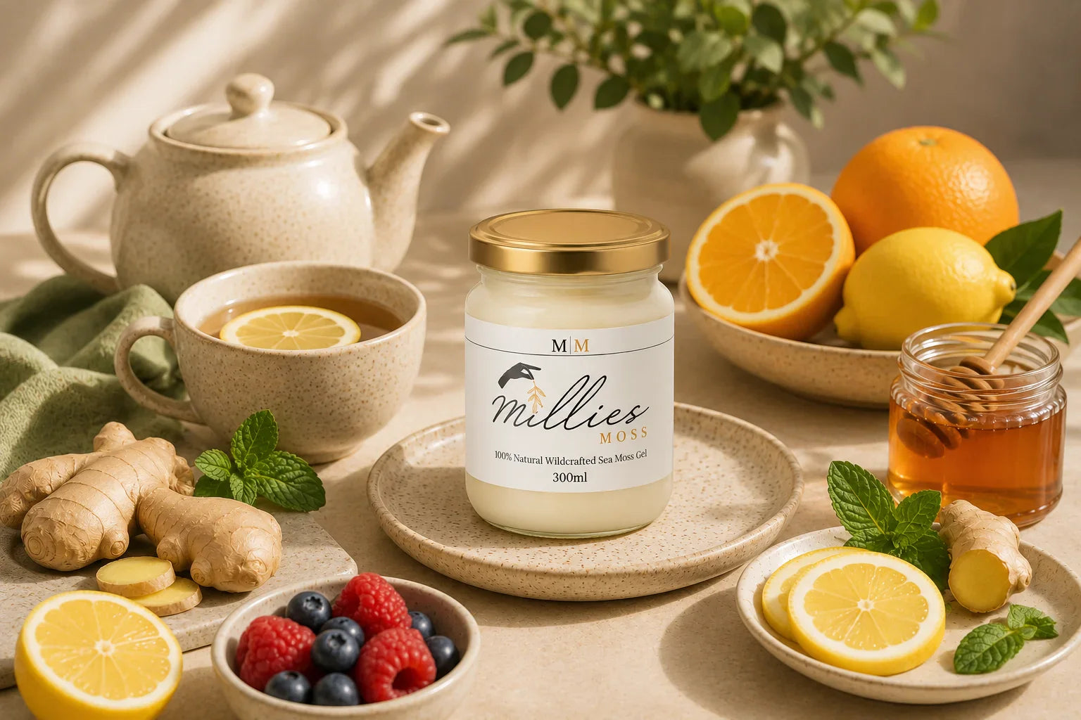 Millie’s Moss sea moss gel with tea, citrus, ginger, honey and berries in a warm wellness routine setting.