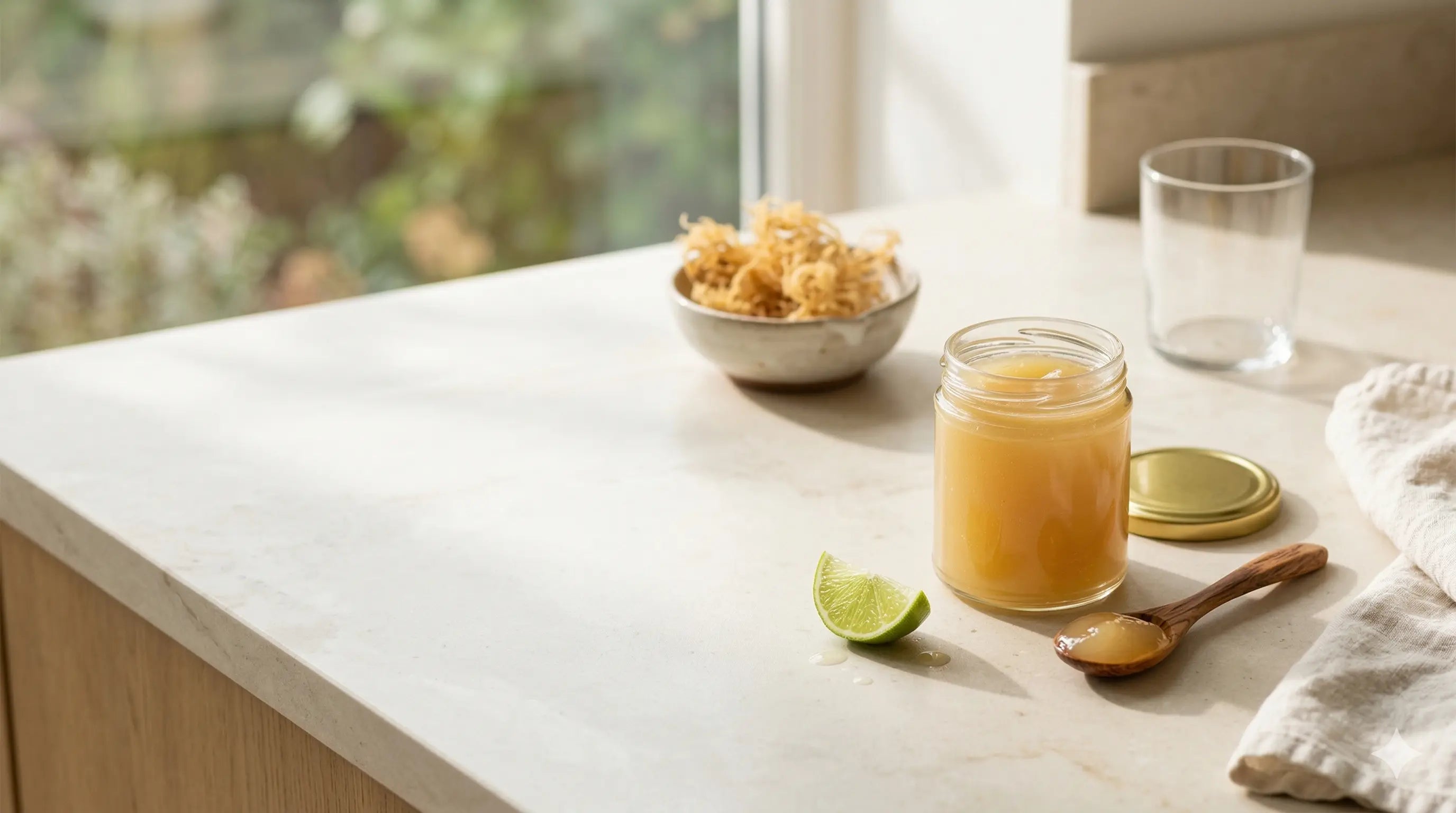 Jar of golden sea moss gel with lime and spoon on a kitchen counter
