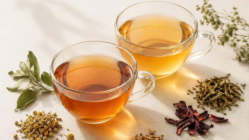 Two clear cups of herbal tea surrounded by loose leaf herbs and botanicals for the Millie’s Moss Herbal Teas & Loose Leaf Blends collection.