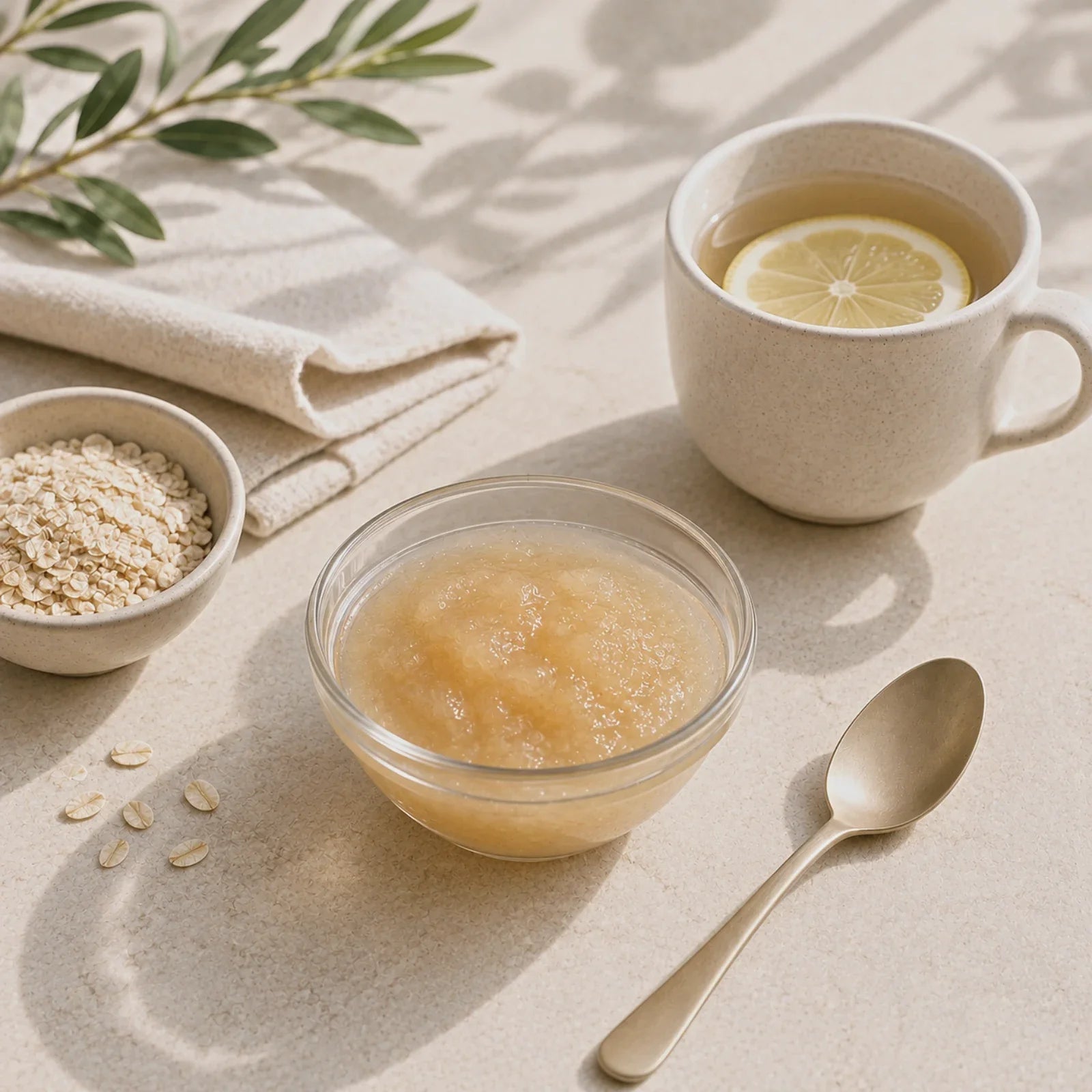 Sea moss gel with oats and a warm lemon drink for a morning routine