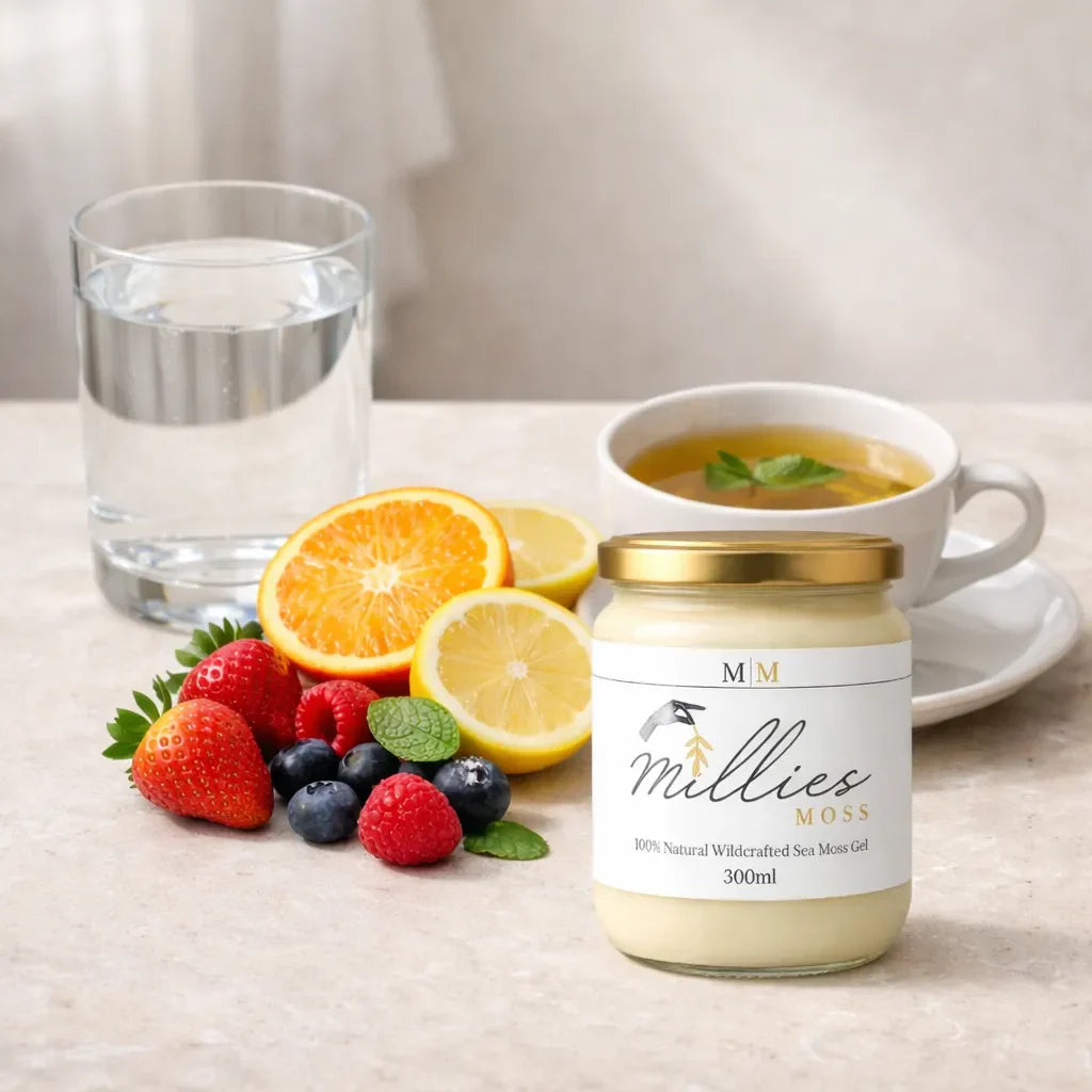 Millies Moss sea moss gel with strawberries blueberries citrus fruit and herbal tea