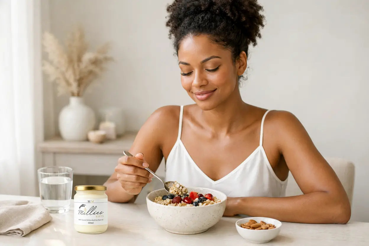 Woman eating healthy breakfast with Millies Moss sea moss gel on the table