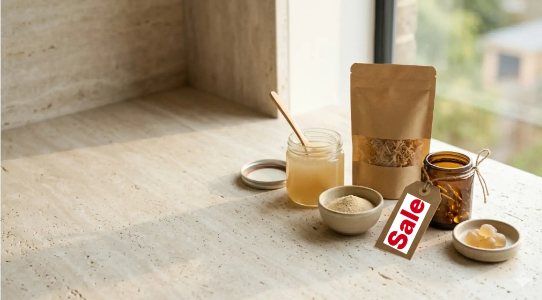 Sea moss products with sale tag on a kitchen counter