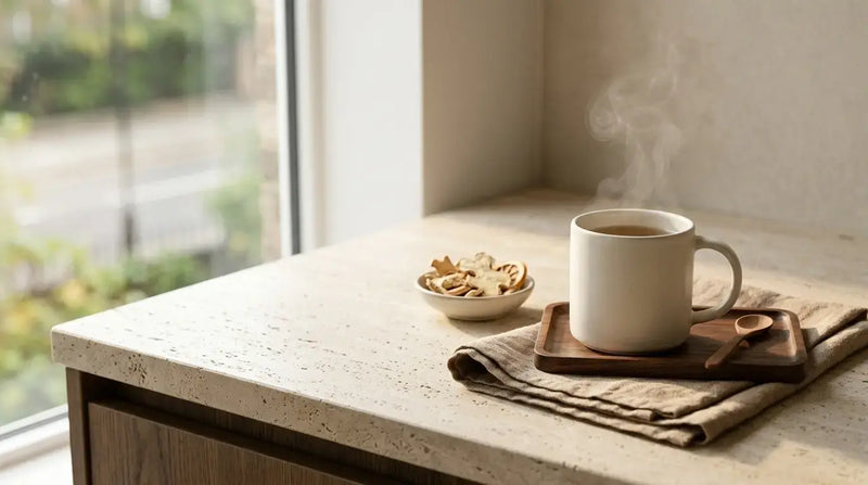 Cup of herbal tea on a tray by a window
