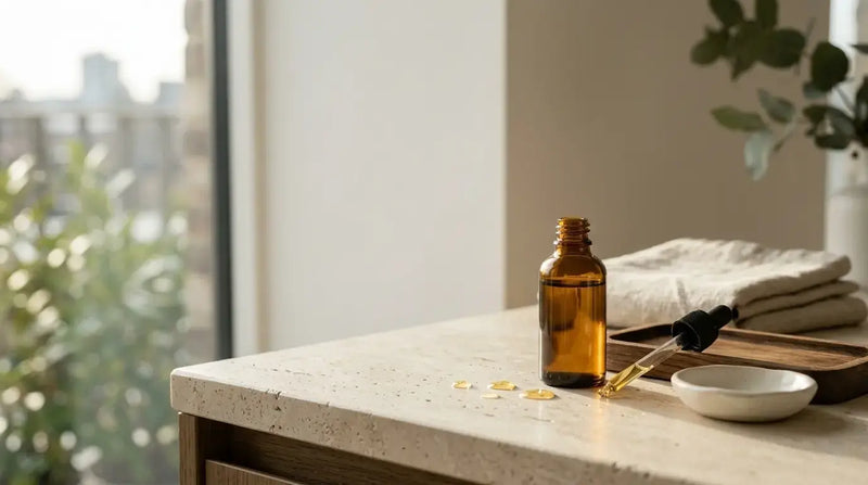 Amber glass bottle with dropper and oil on a kitchen counter